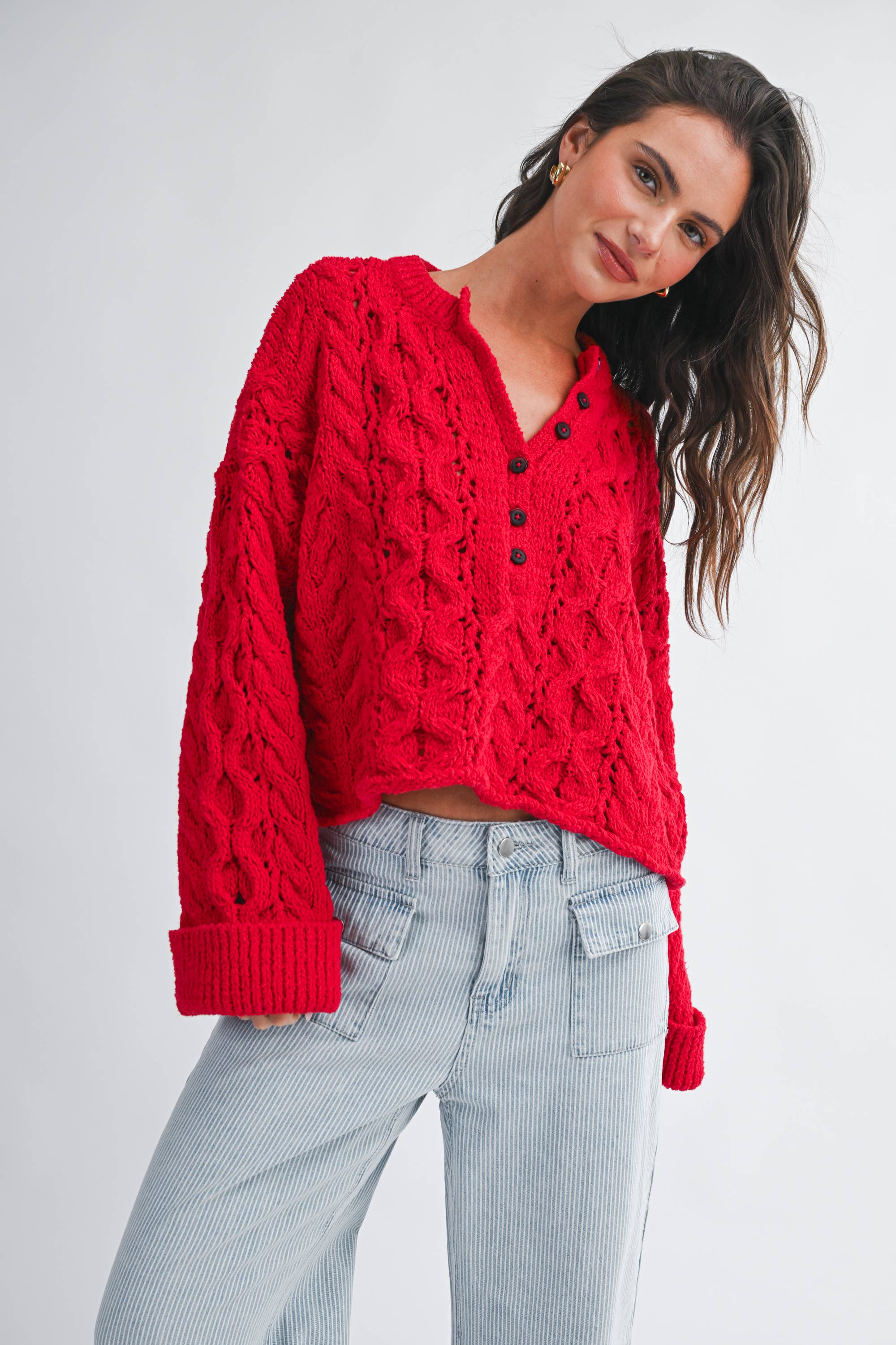 Cropped Henley Knit Sweater