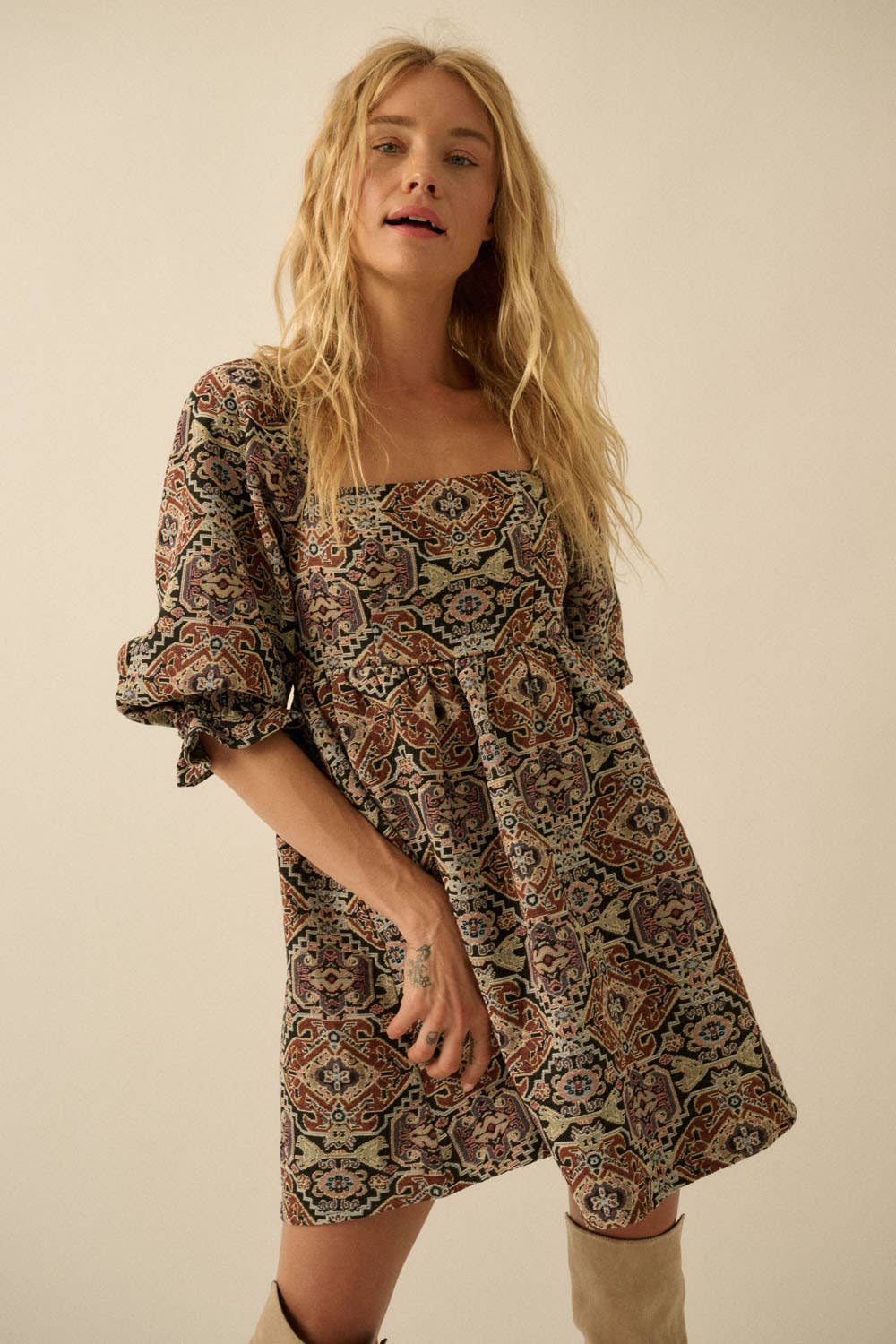 Tapestry Babydoll Mini Dress