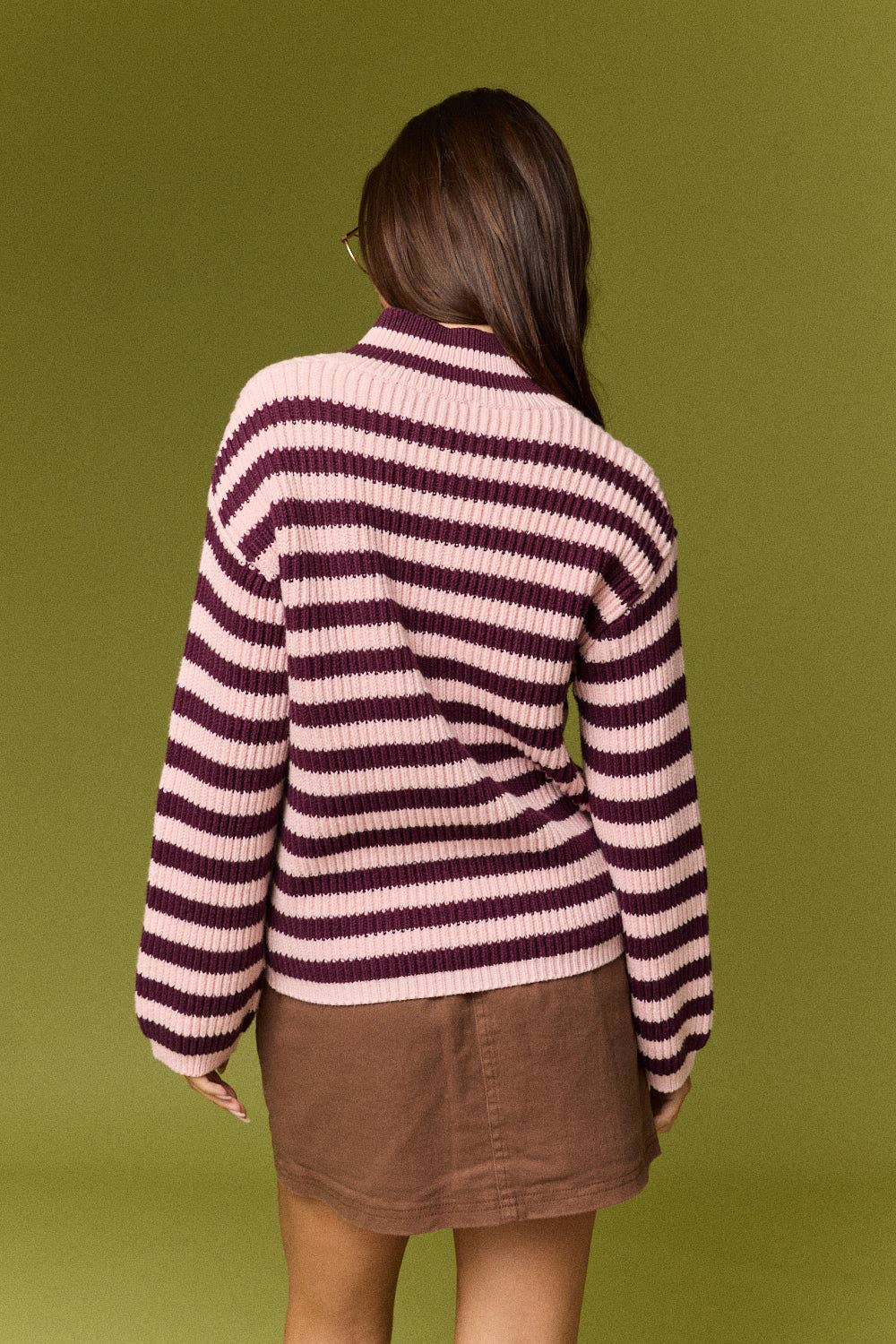 Rib Knit Striped Zip-Up Cardigan