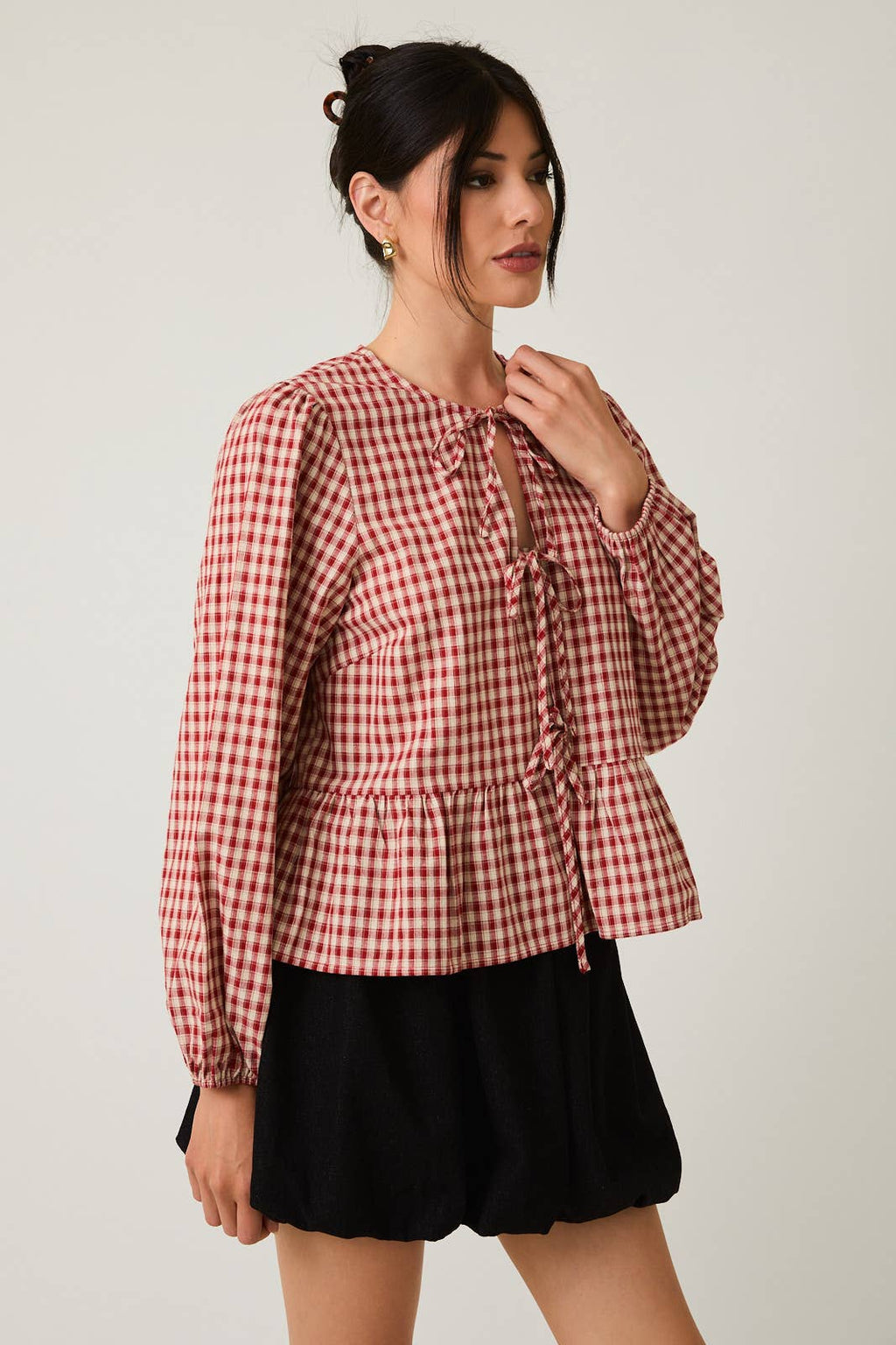 Gingham Front Tie Blouse