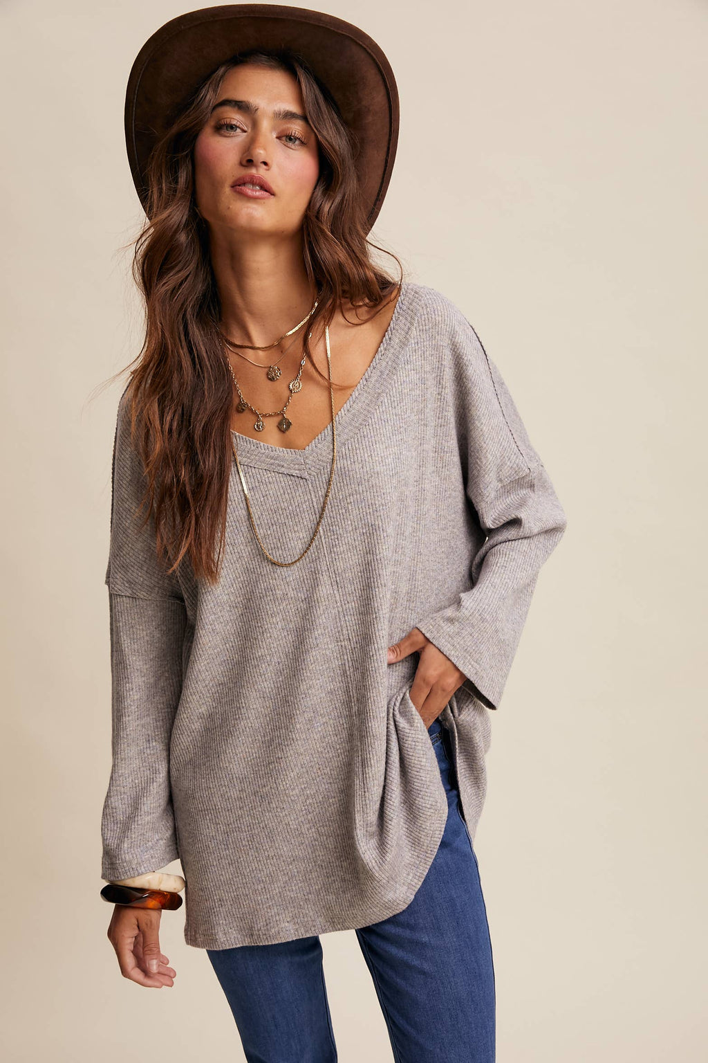 V-Neck Ribbed Knit Tunic