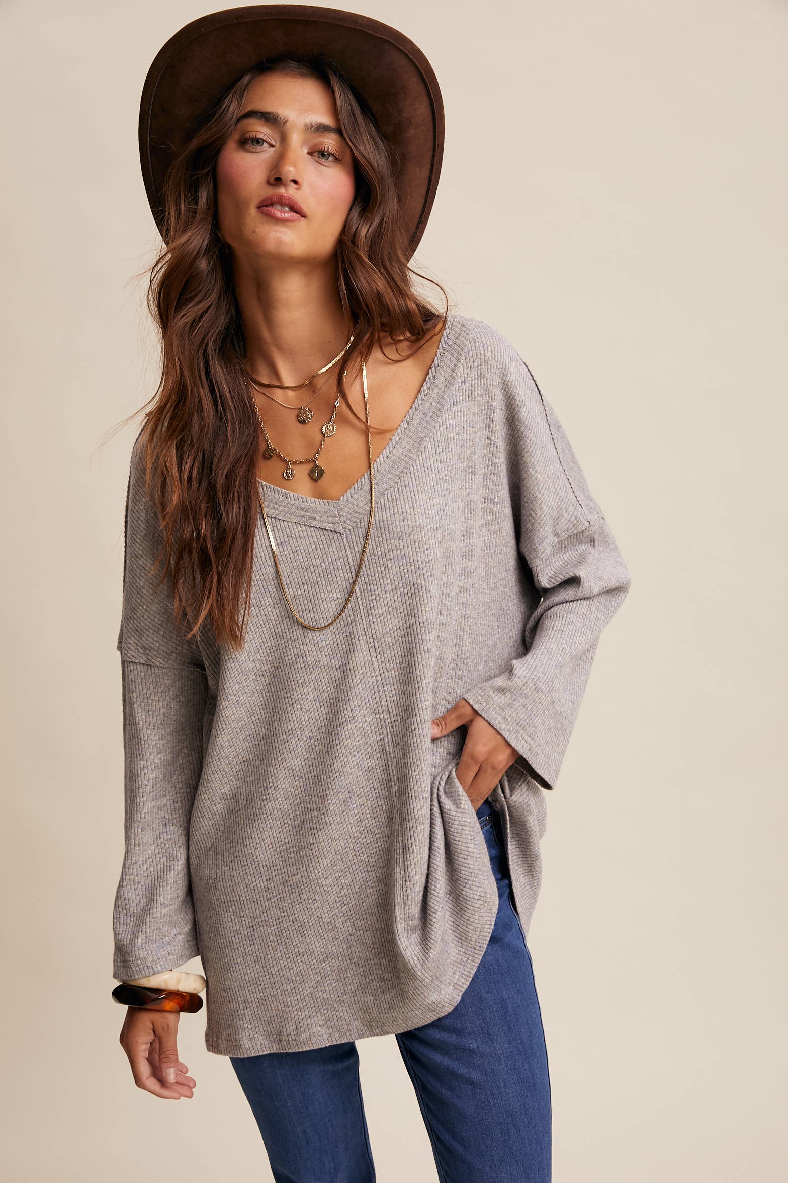 V-Neck Ribbed Knit Tunic