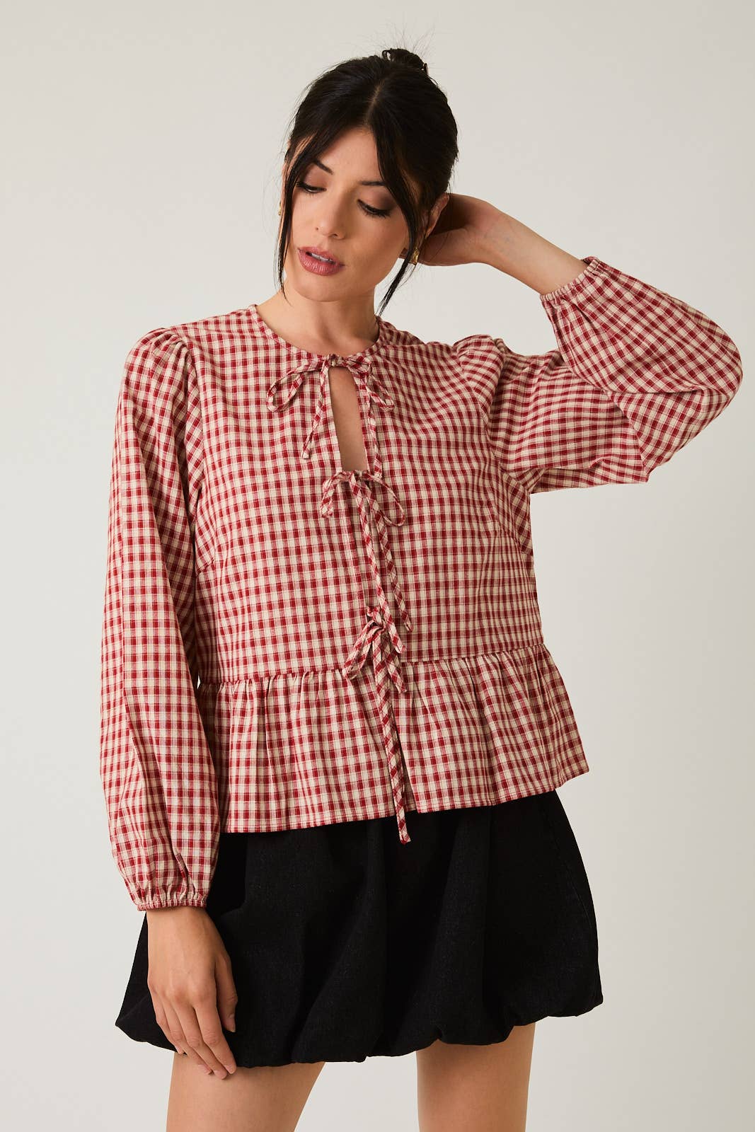 Gingham Front Tie Blouse