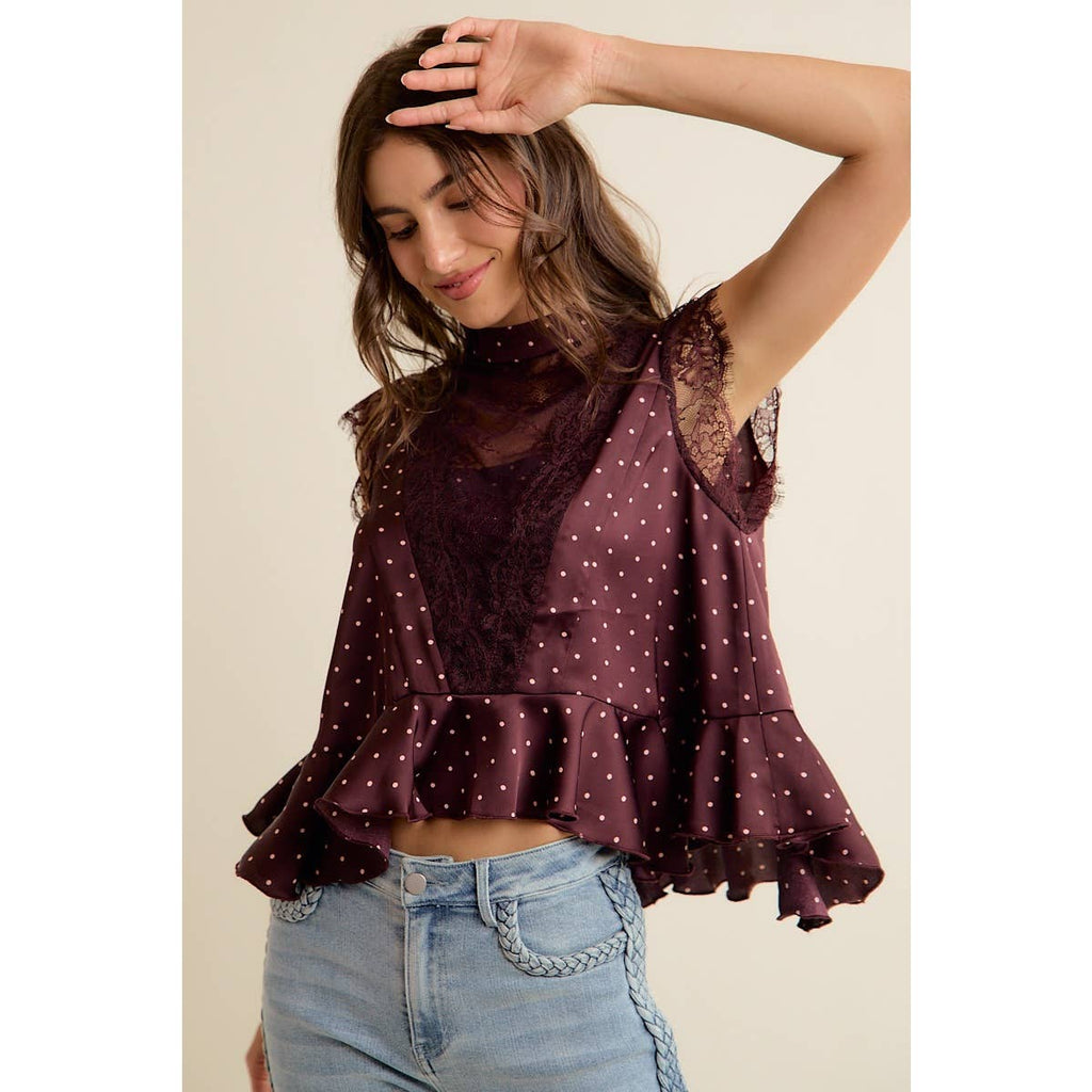 Polka Dot Satin Lace Trim Blouse