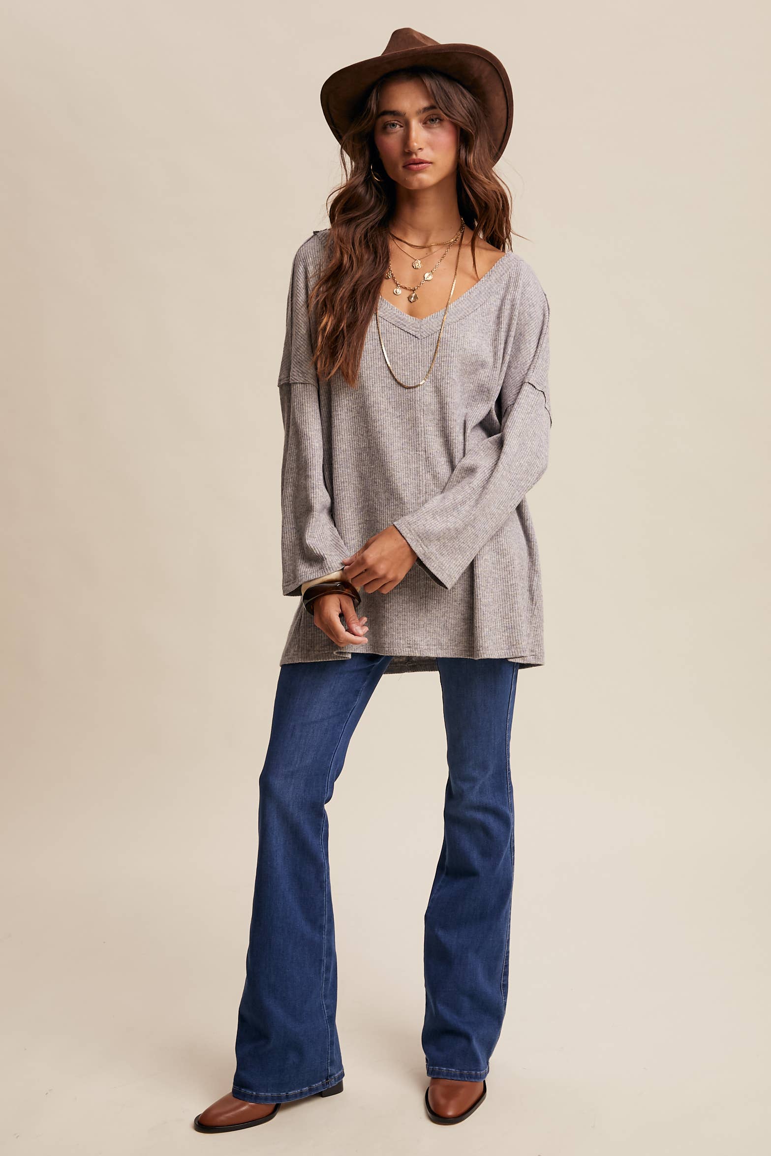 V-Neck Ribbed Knit Tunic
