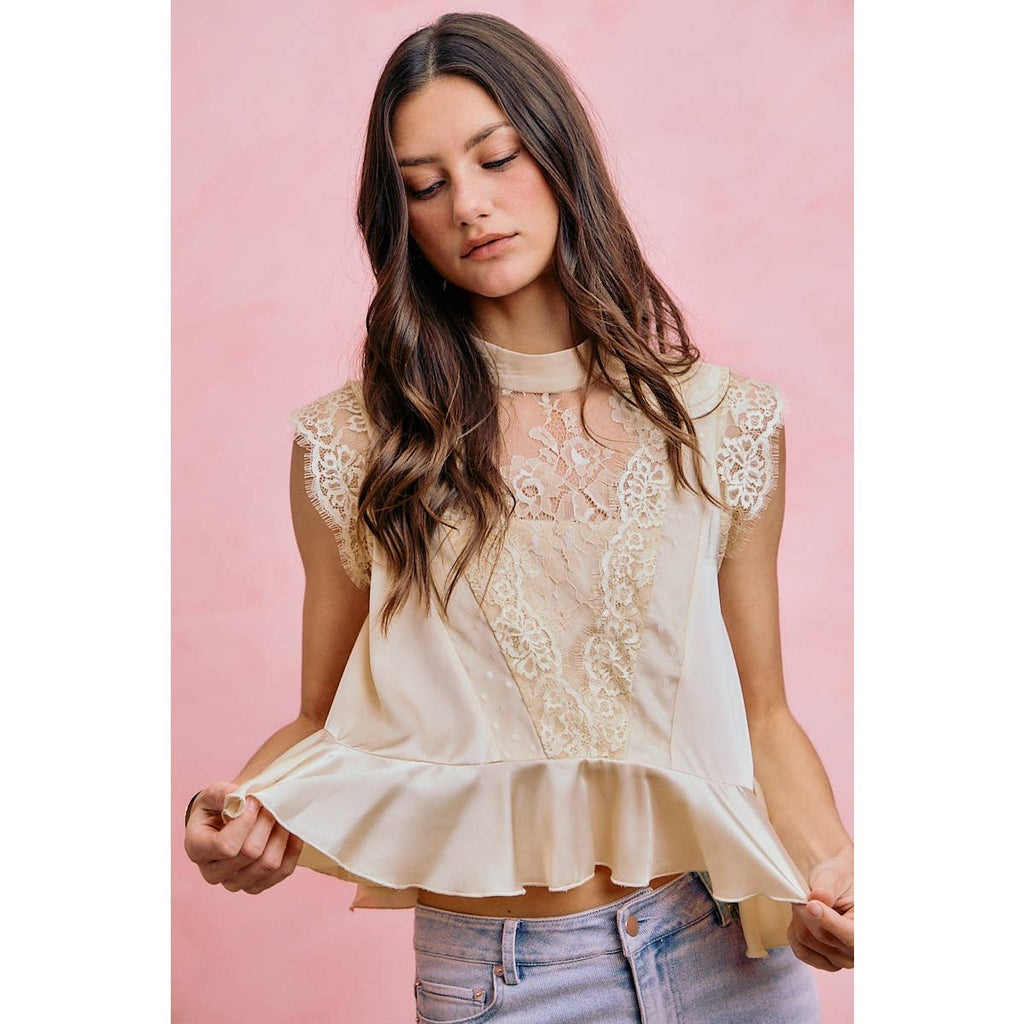 Satin Mock Neck Lace Peplum