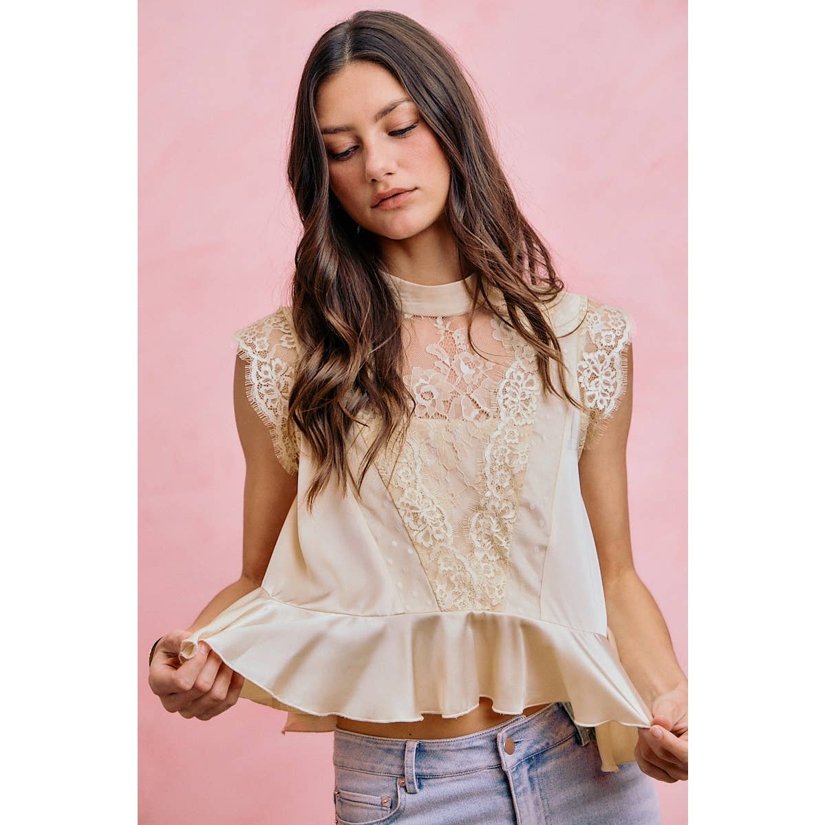 Satin Mock Neck Lace Peplum
