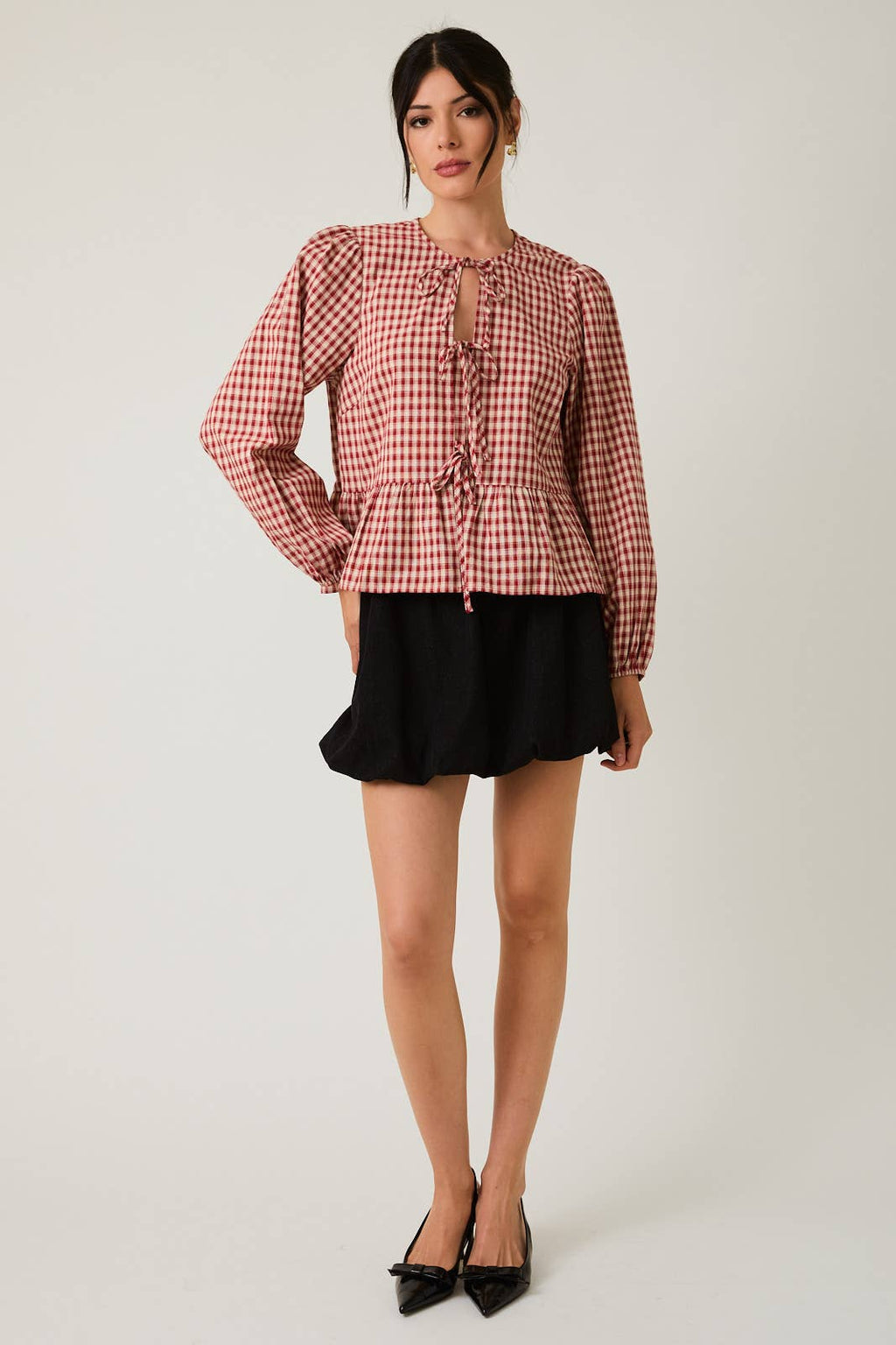 Gingham Front Tie Blouse