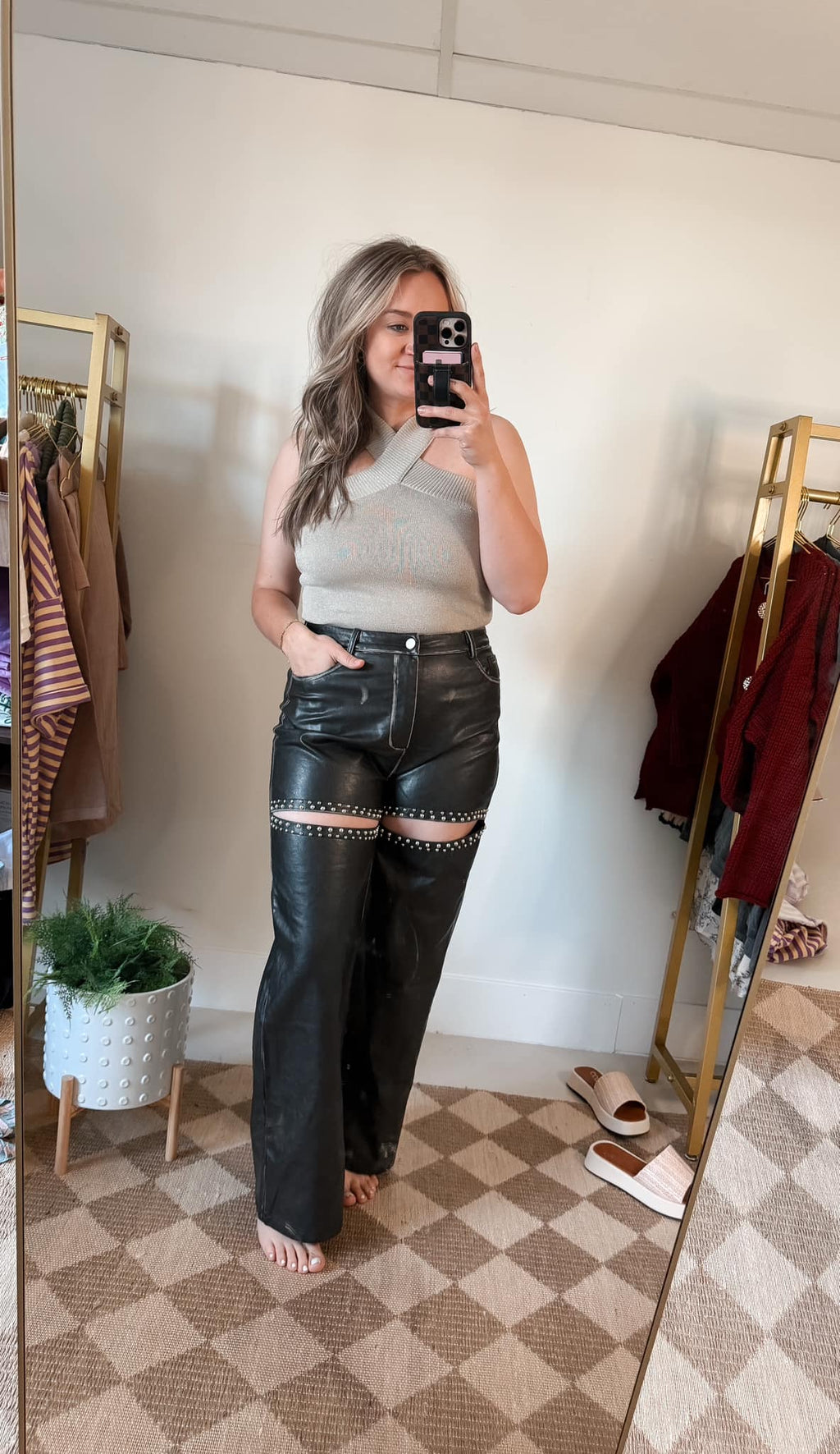 Stone Studded Faux Leather Pants