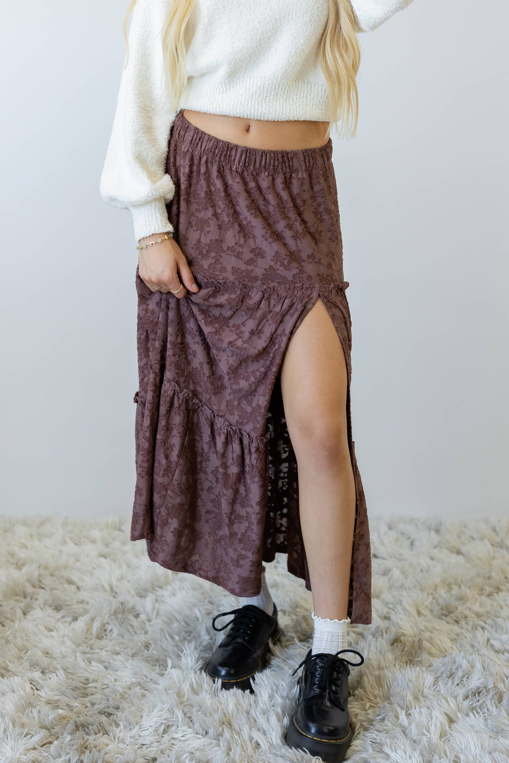 Textured Floral Tiered Maxi Skirt