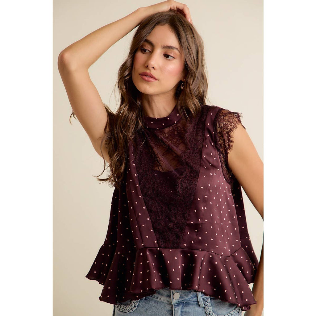 Polka Dot Satin Lace Trim Blouse
