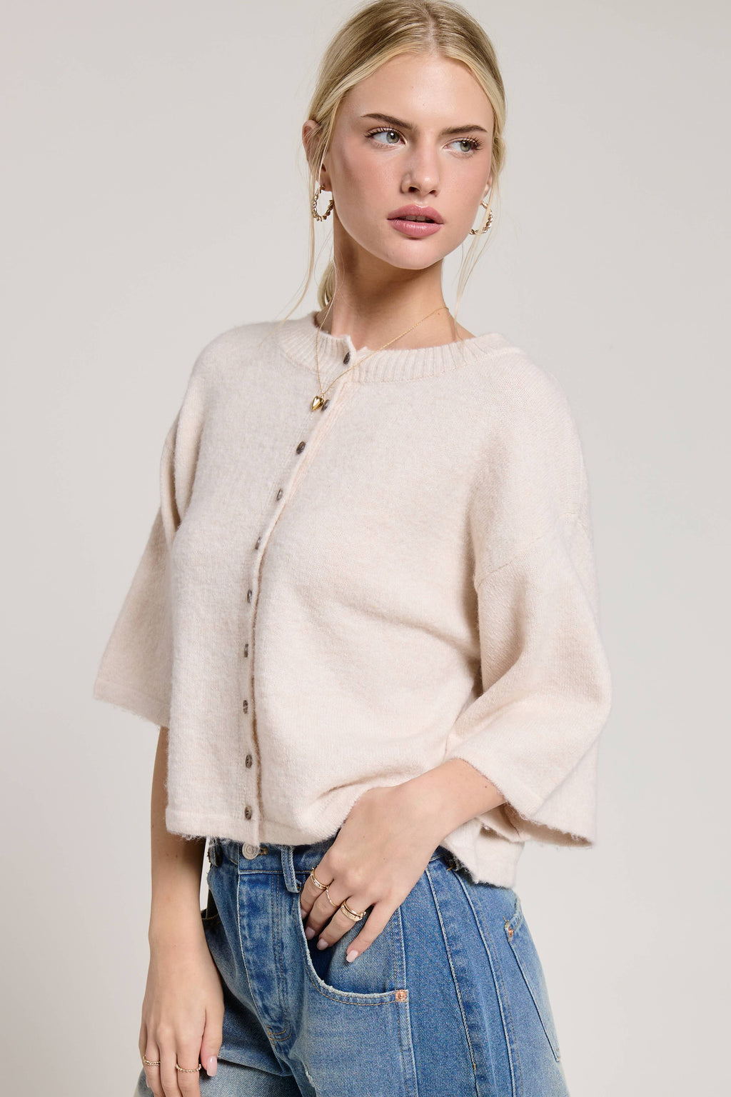 Button Front Short Sleeve Knit Cardigan