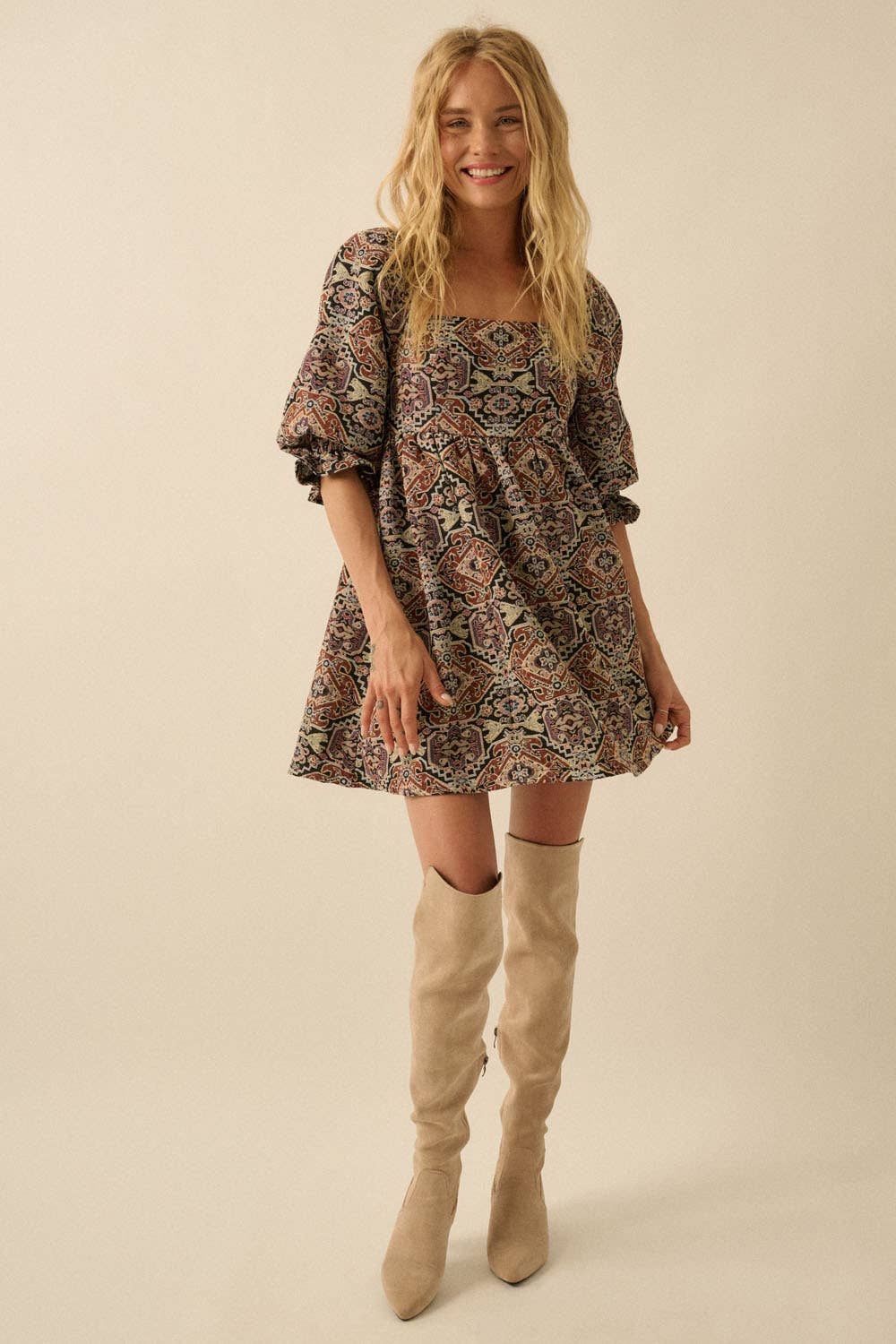 Tapestry Babydoll Mini Dress