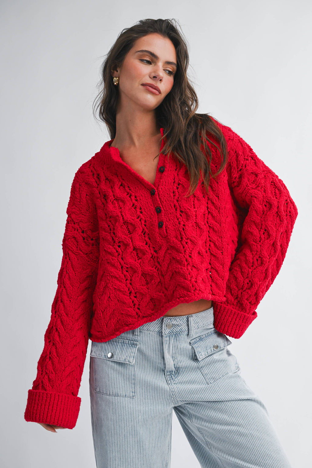 Cropped Henley Knit Sweater