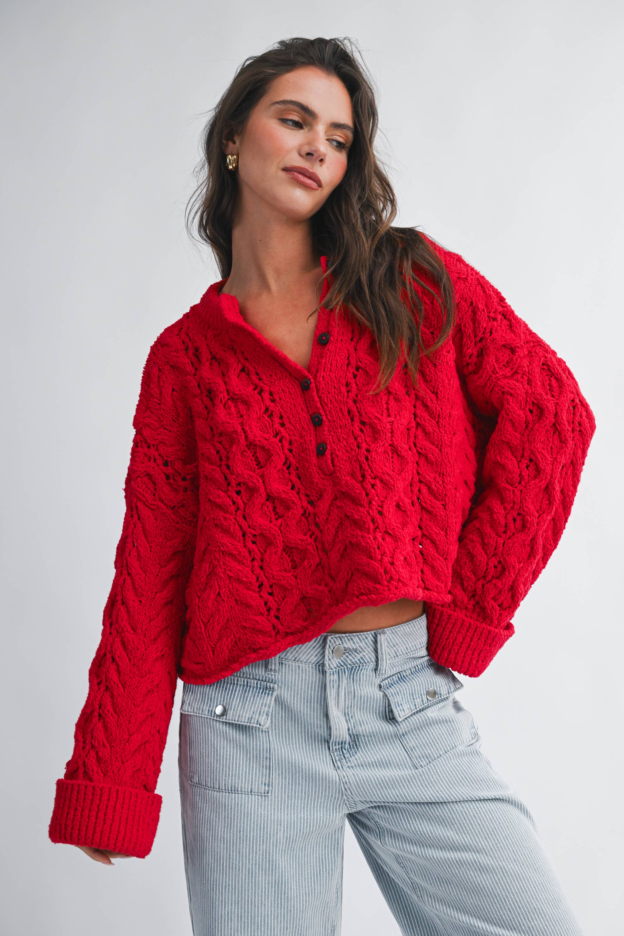 Cropped Henley Knit Sweater