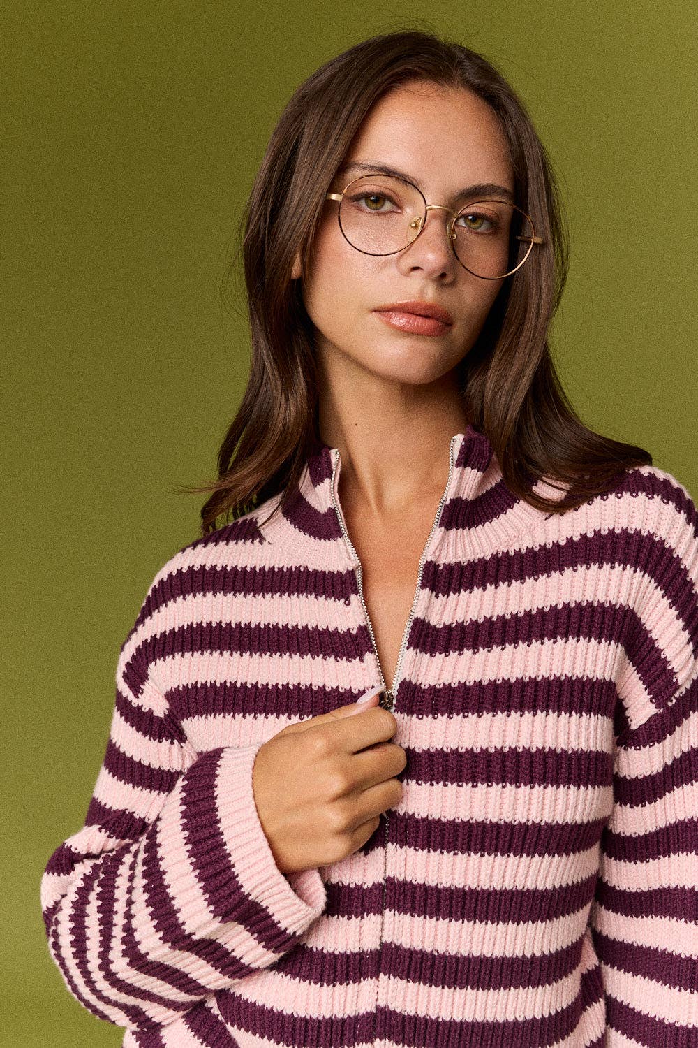 Rib Knit Striped Zip-Up Cardigan
