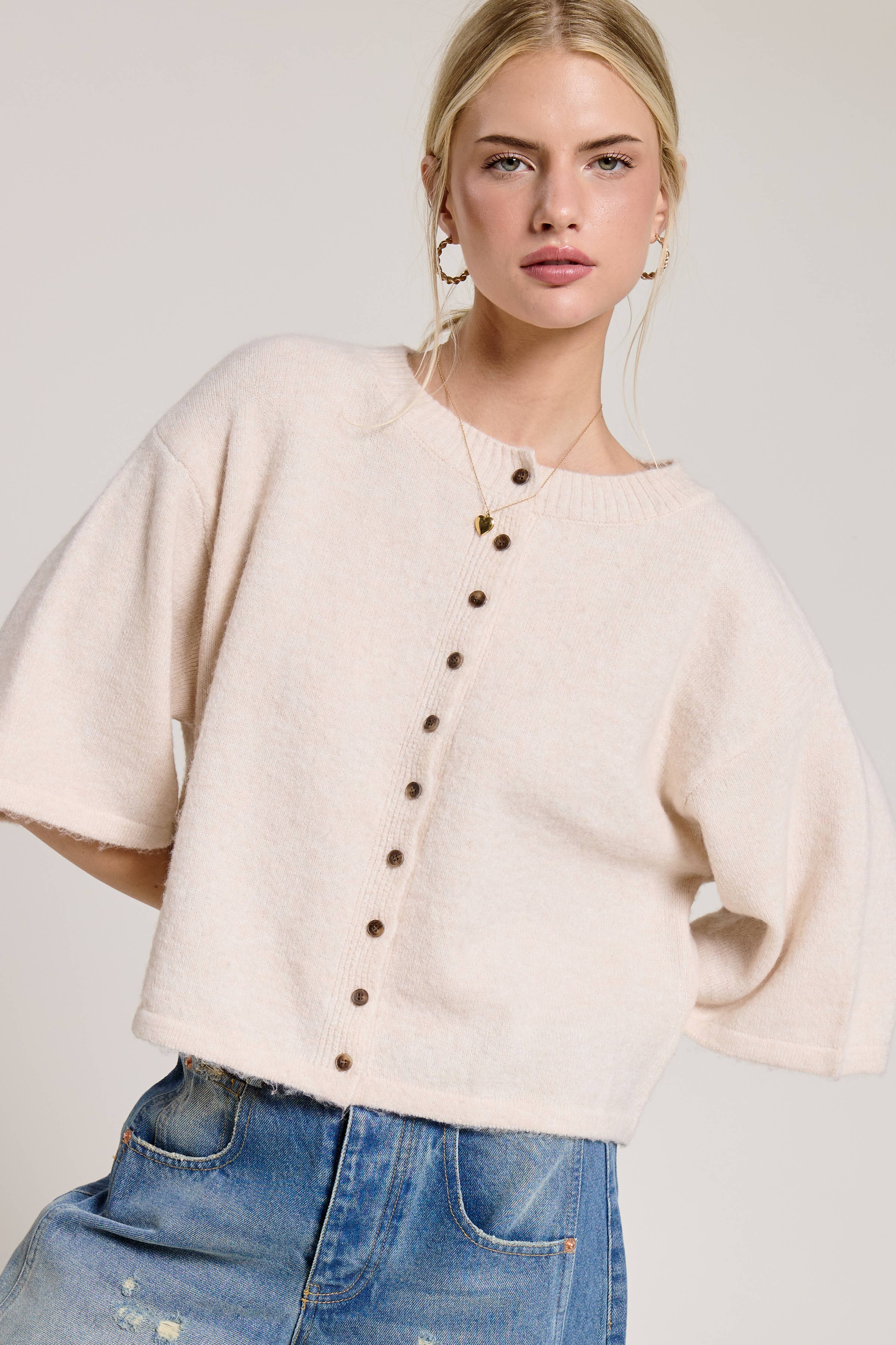 Button Front Short Sleeve Knit Cardigan