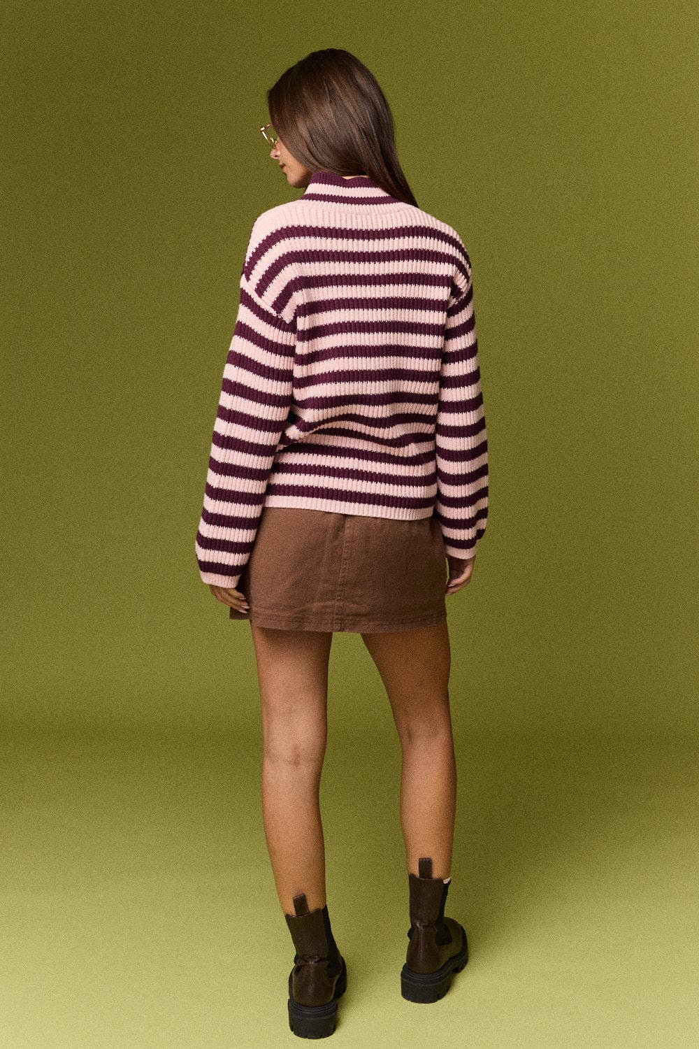 Rib Knit Striped Zip-Up Cardigan