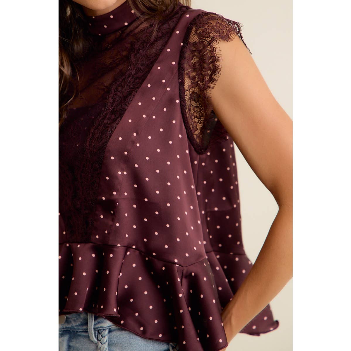 Polka Dot Satin Lace Trim Blouse