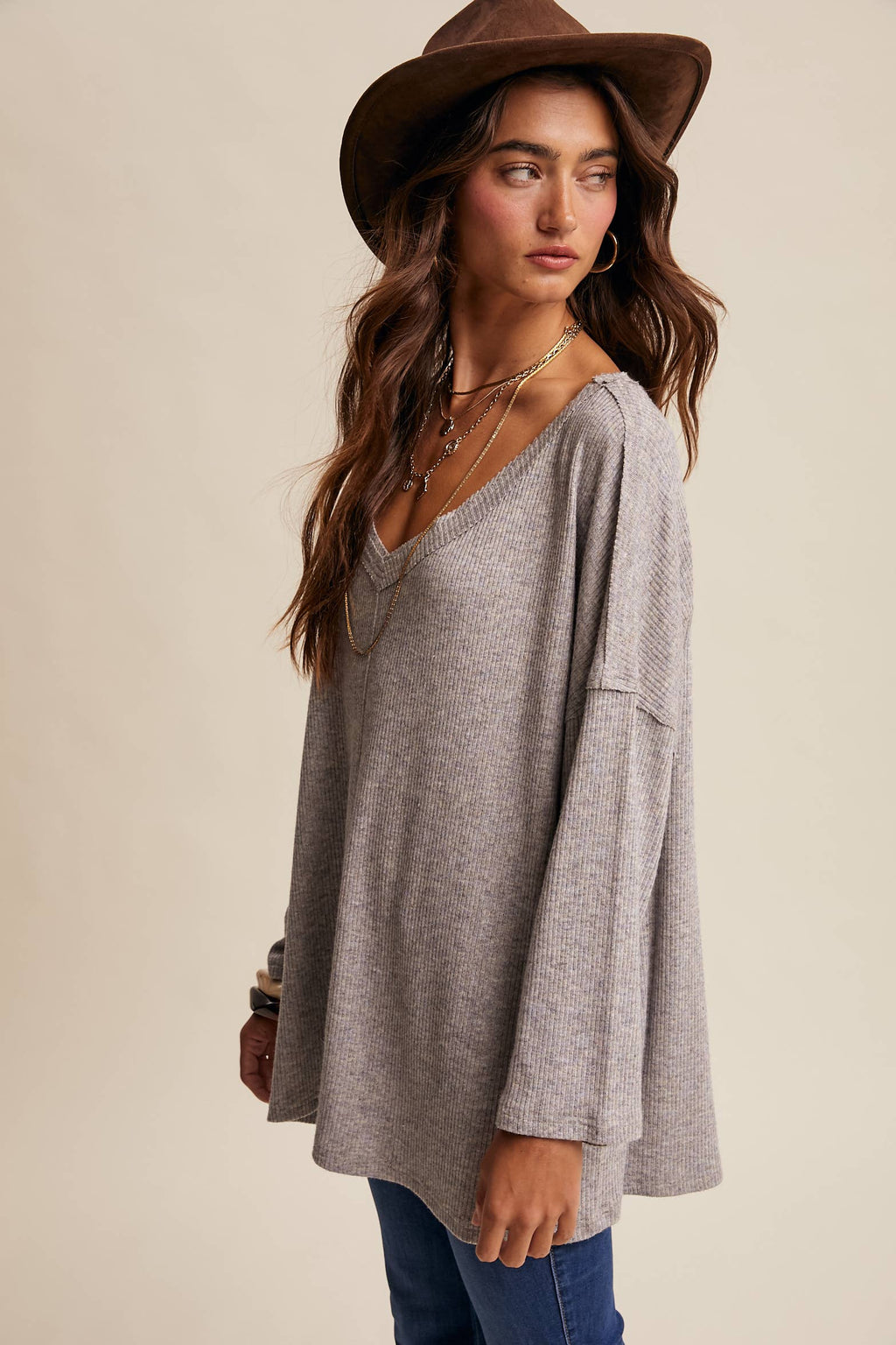 V-Neck Ribbed Knit Tunic