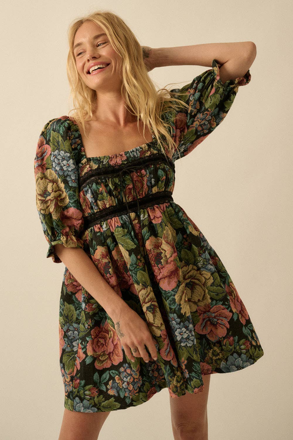 Jacquard Puff-Sleeve Mini Dress