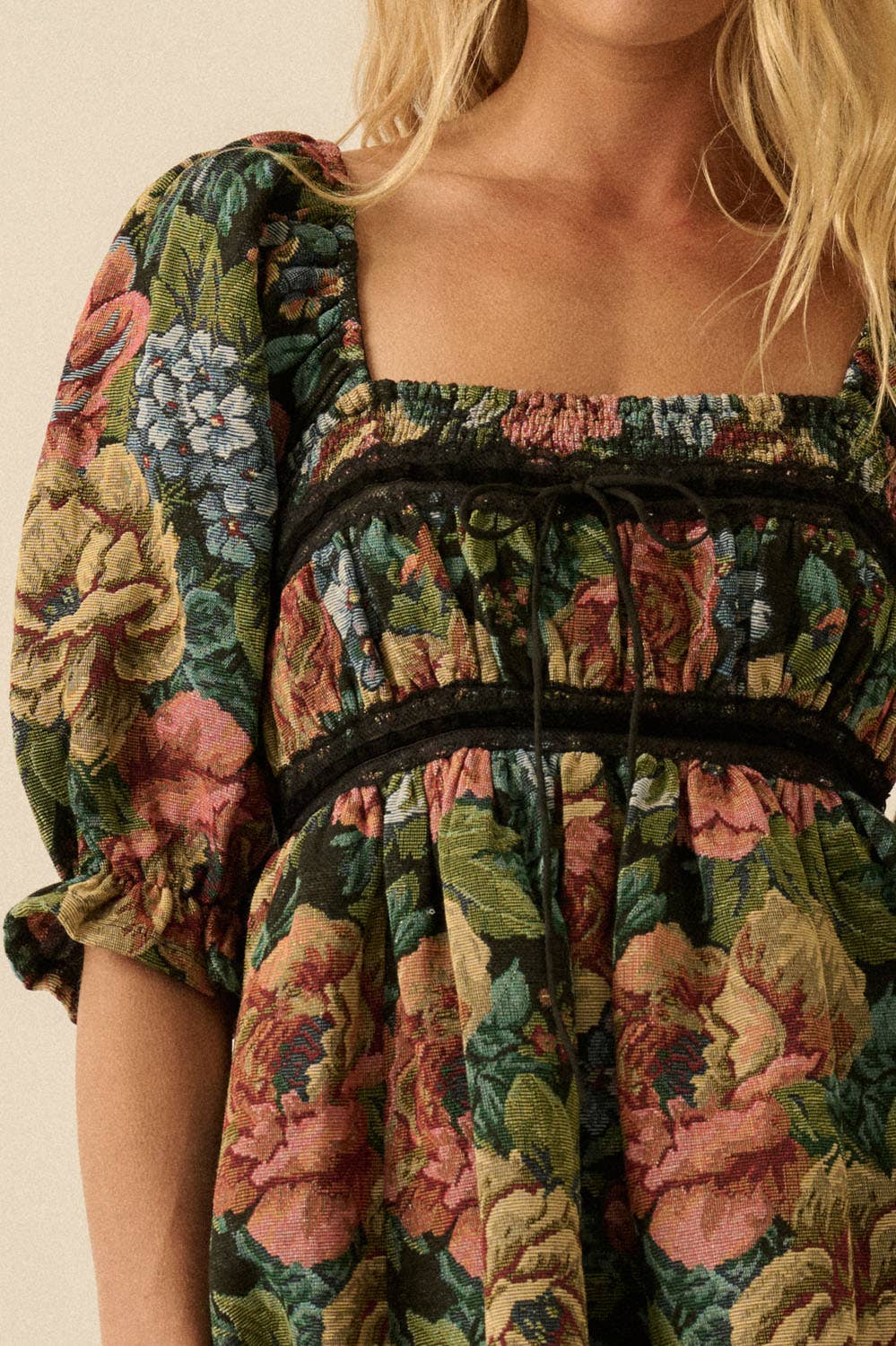 Jacquard Puff-Sleeve Mini Dress