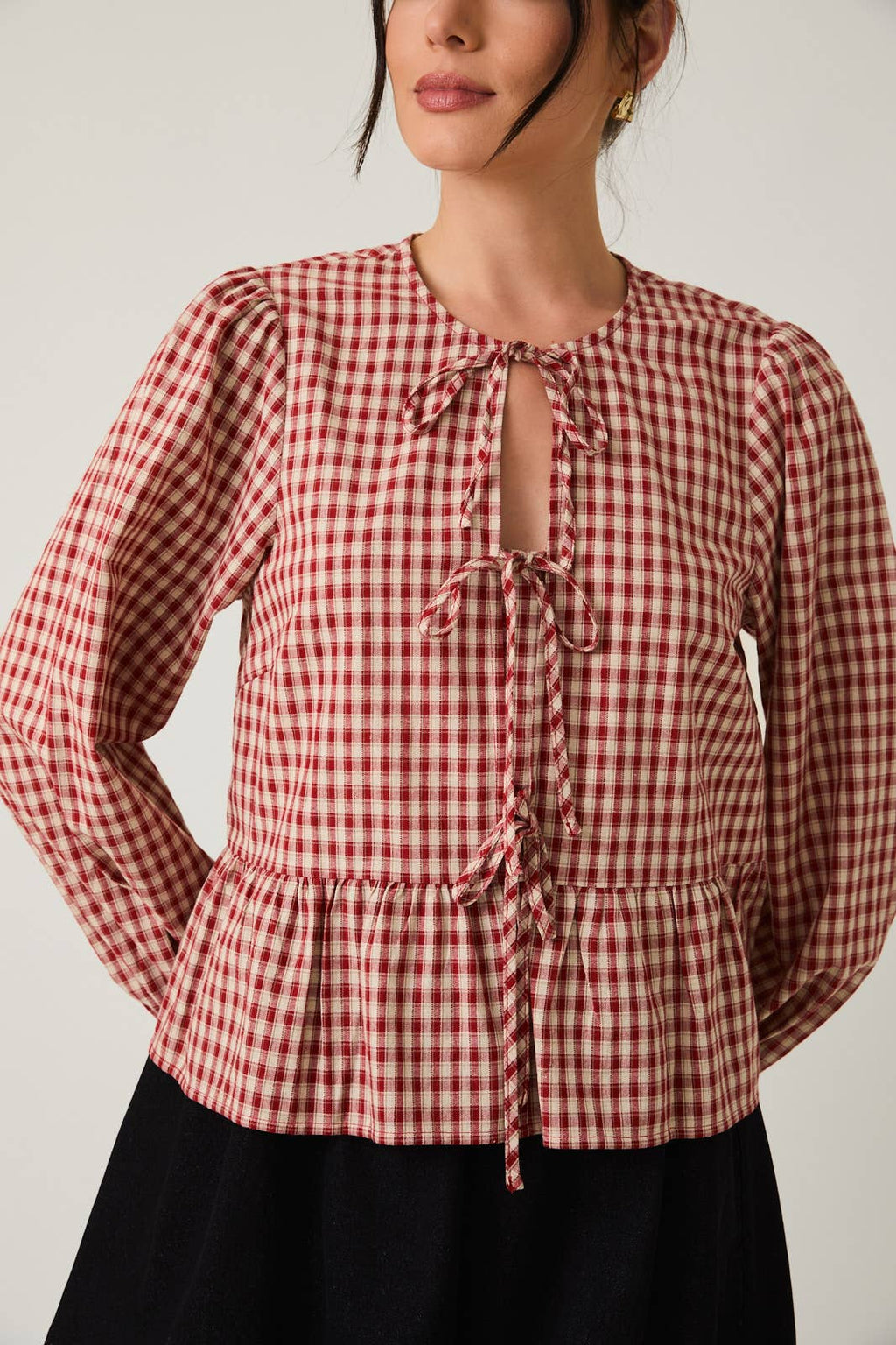 Gingham Front Tie Blouse