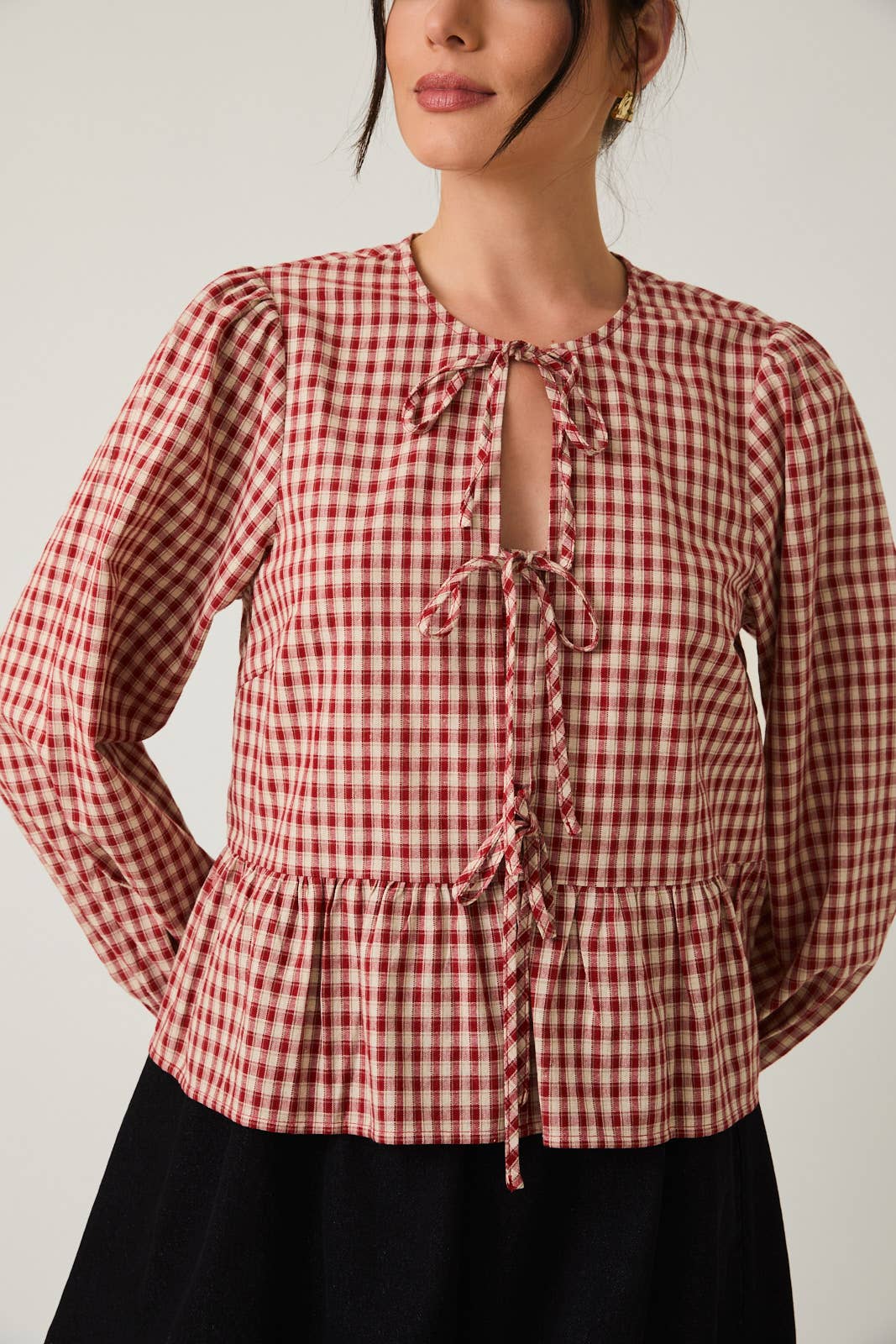Gingham Front Tie Blouse