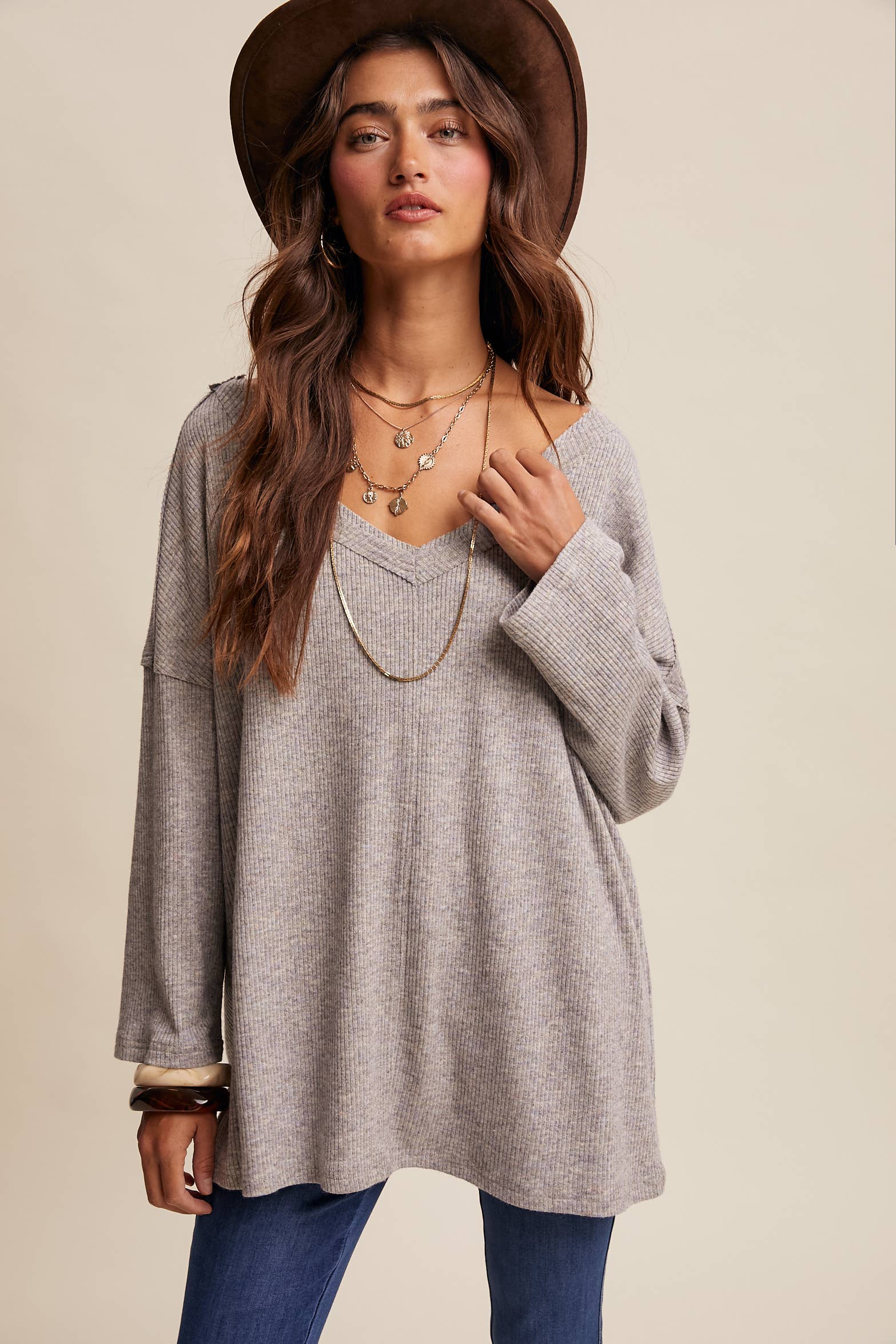 V-Neck Ribbed Knit Tunic