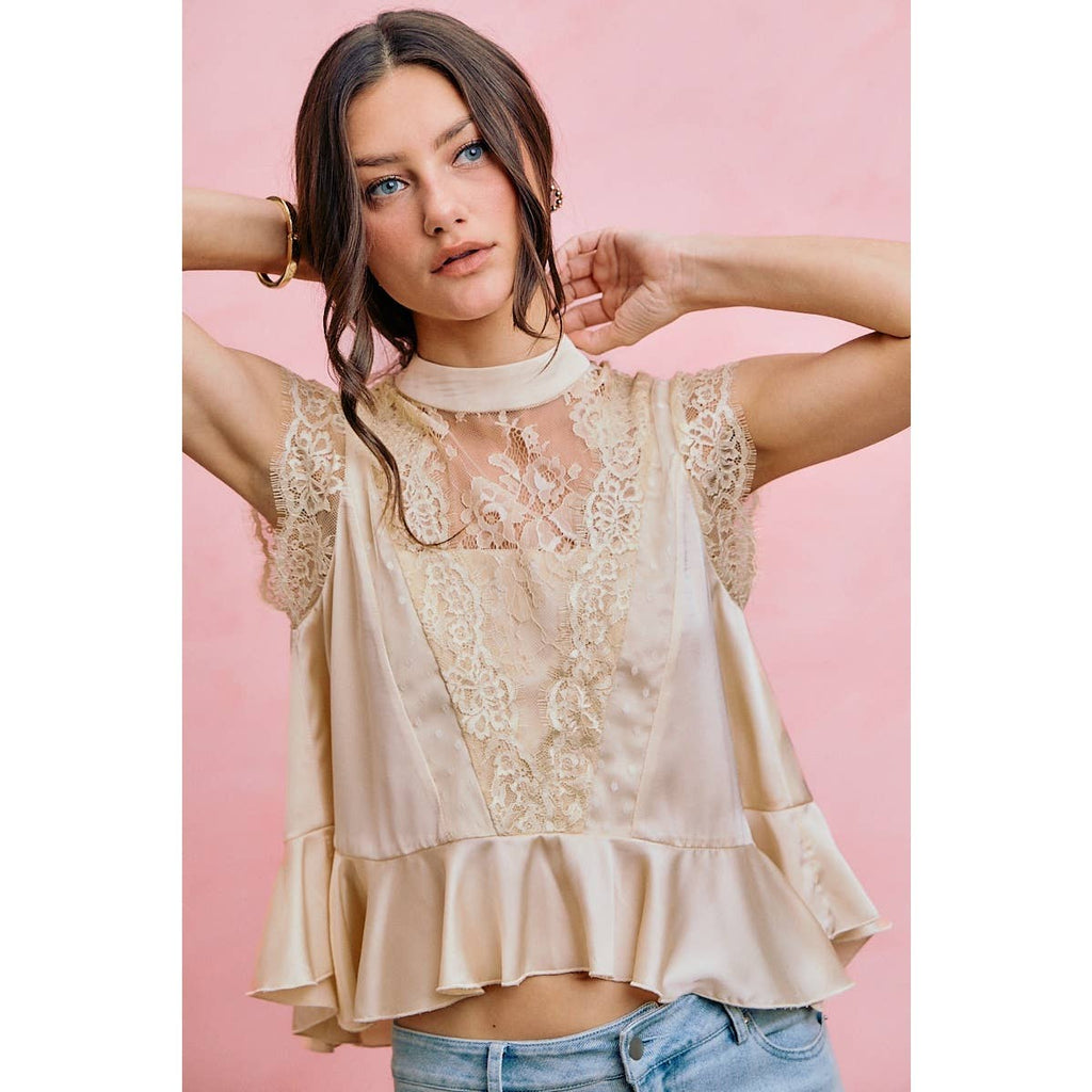 Satin Mock Neck Lace Peplum