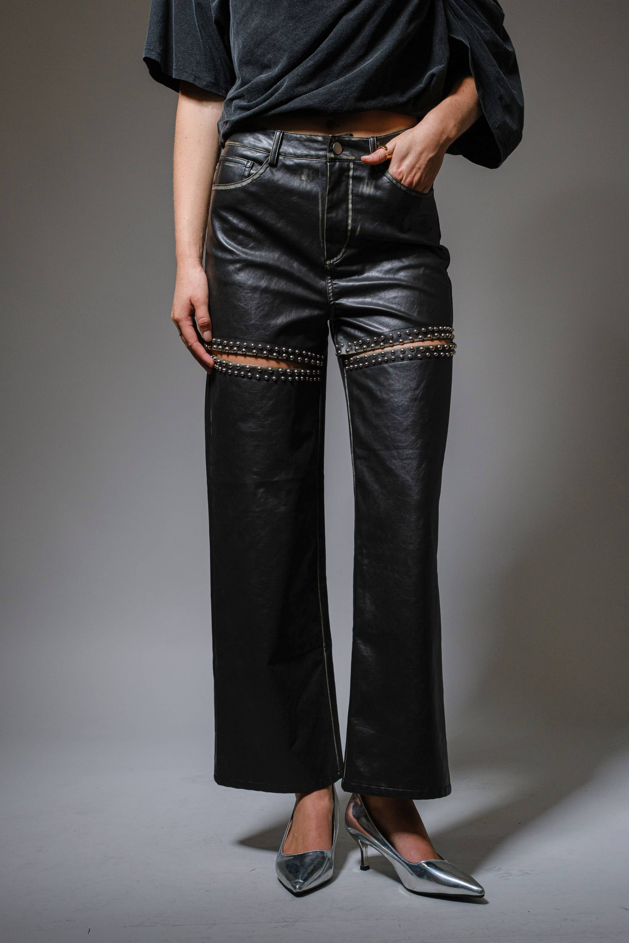 Stone Studded Faux Leather Pants
