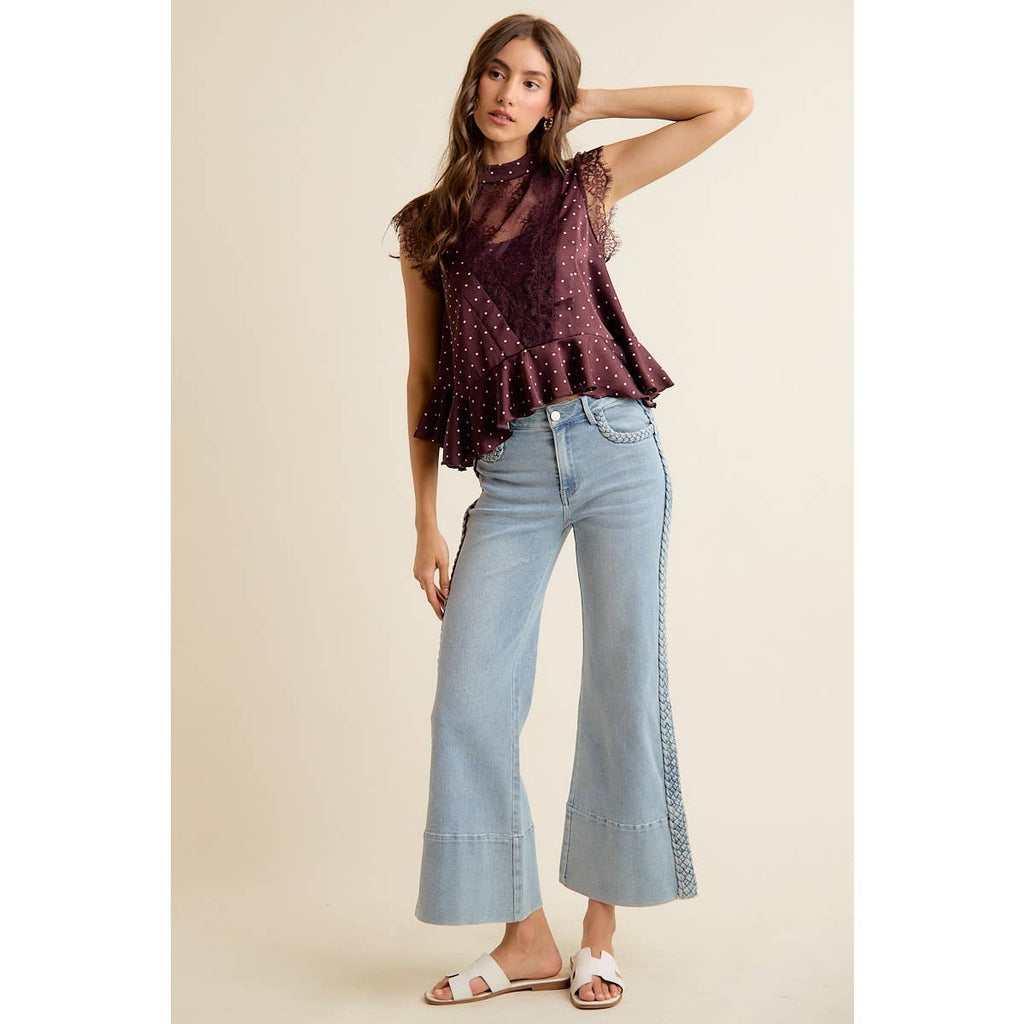 Polka Dot Satin Lace Trim Blouse