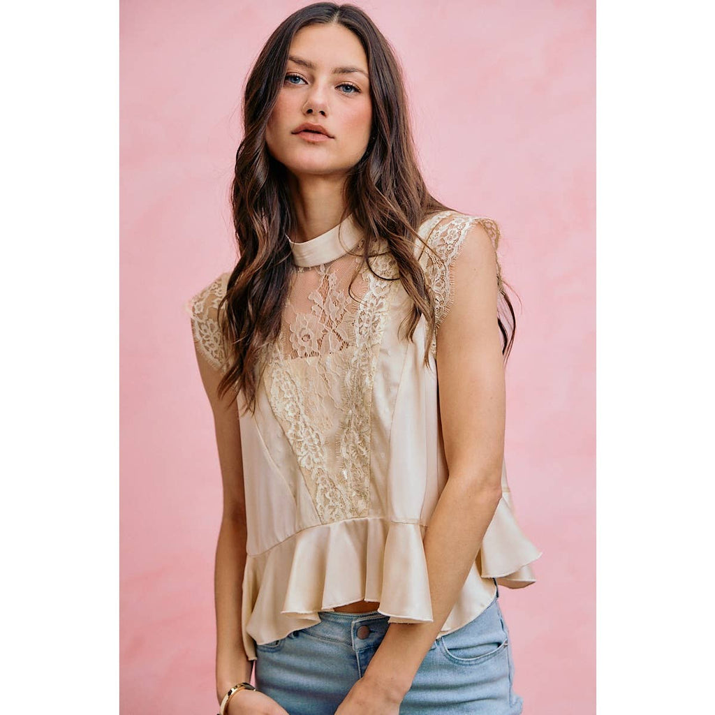 Satin Mock Neck Lace Peplum