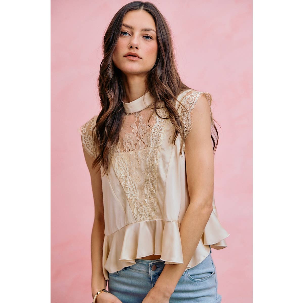 Satin Mock Neck Lace Peplum