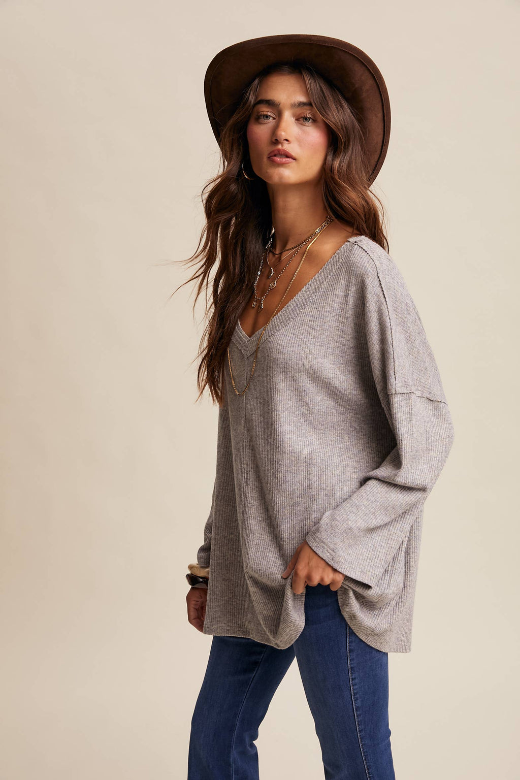 V-Neck Ribbed Knit Tunic