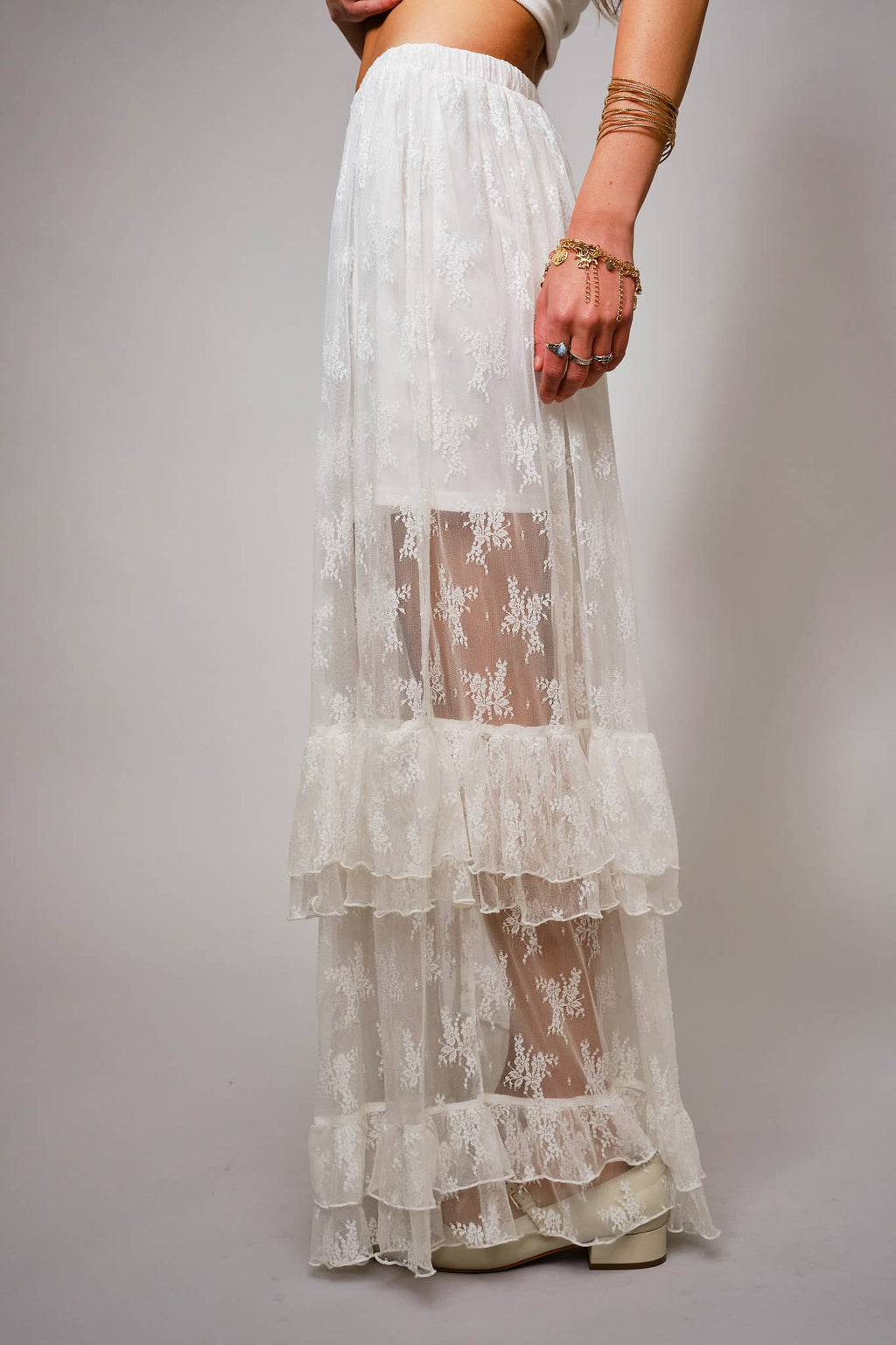 Sheer Lace Tiered Maxi Skirt